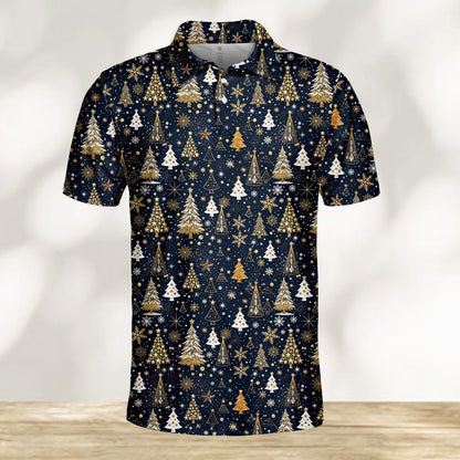Another lifestyle shot of the navy mens polo christmas shirt outdoors