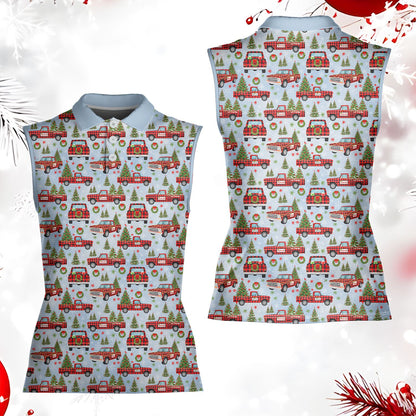 Detailed front view of the red plaid truck and Christmas tree graphics