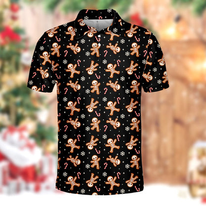 Main view of the christmas polo t shirt featuring a skeleton gingerbread design on a black background