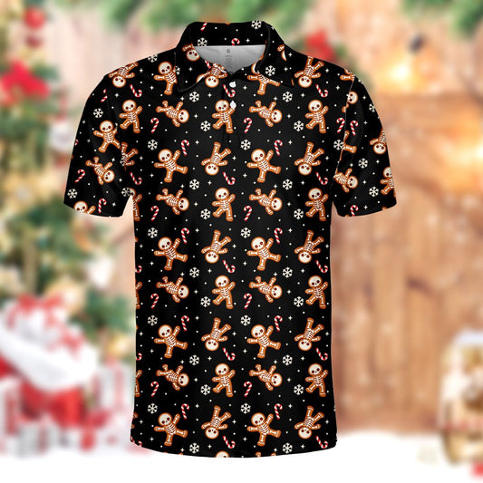 Main view of the christmas polo t shirt featuring a skeleton gingerbread design on a black background