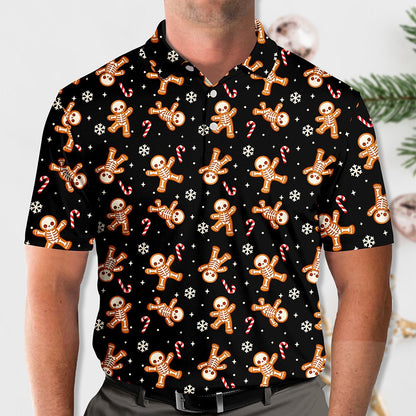 Lifestyle view of an adult wearing the holiday skeleton gingerbread polo shirt