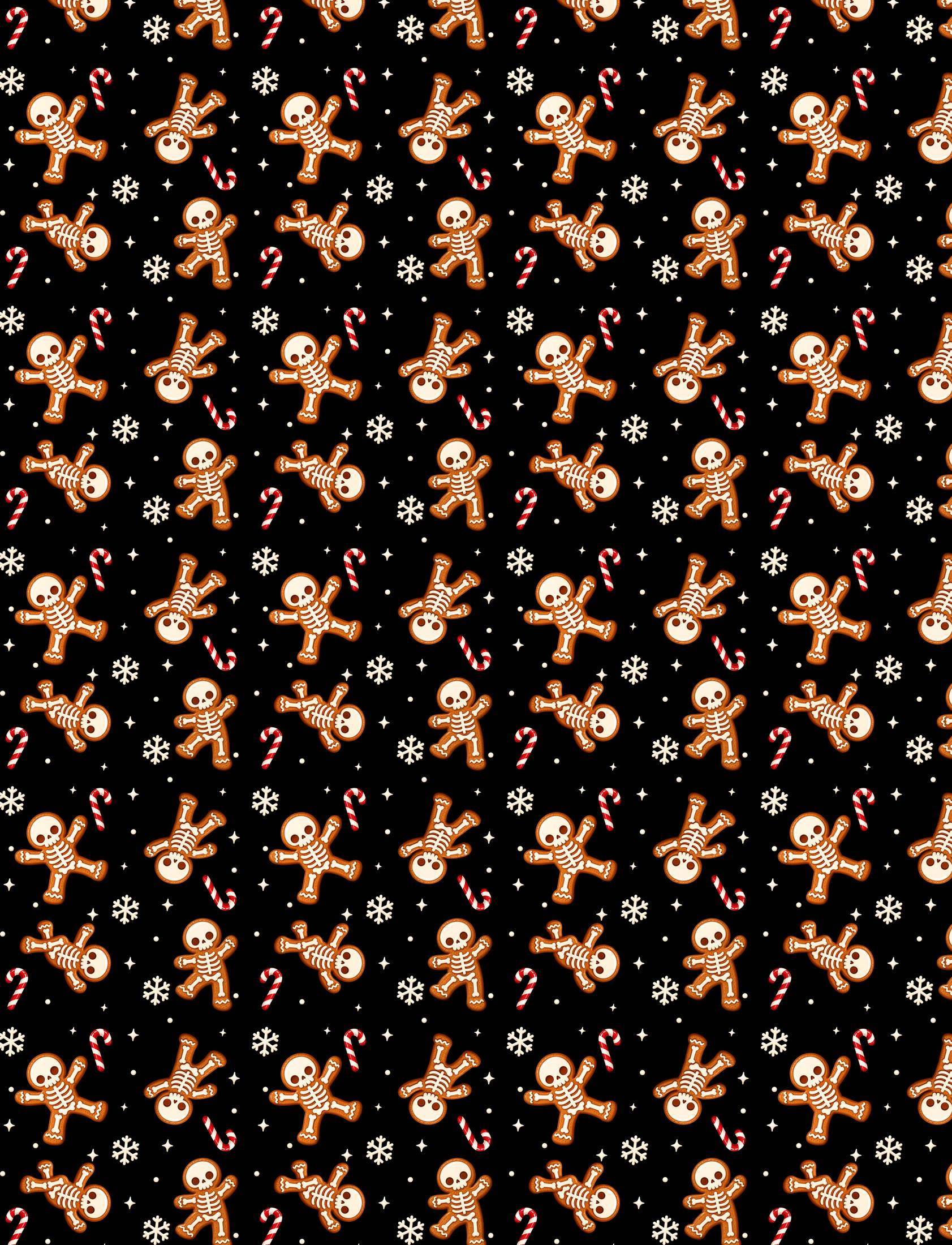 Side view of the patterned skeleton gingerbread polo shirt