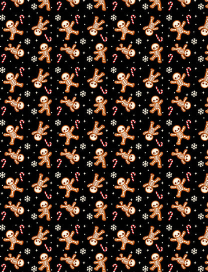 Side view of the patterned skeleton gingerbread polo shirt