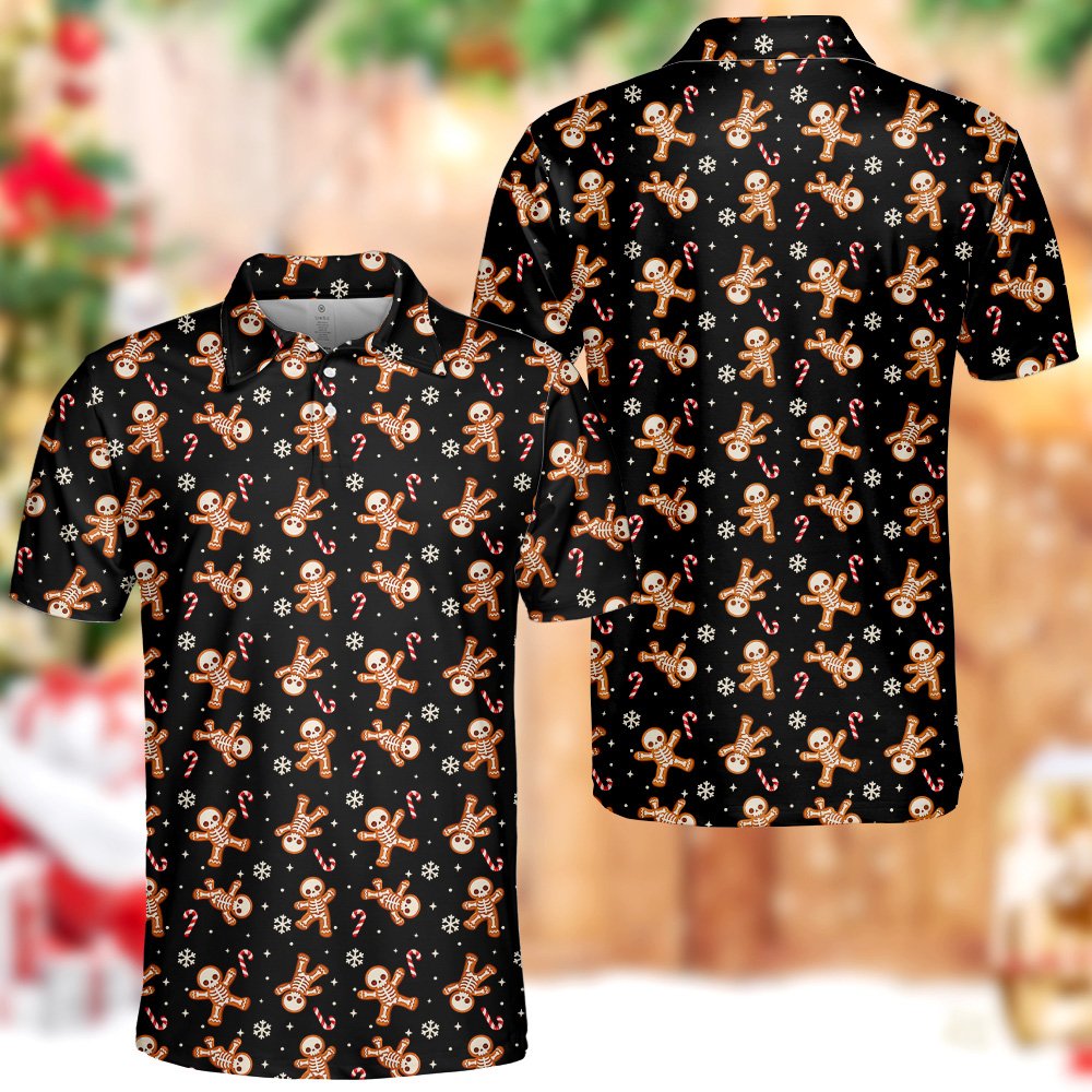 Close-up view of the polo collar and skeleton gingerbread print