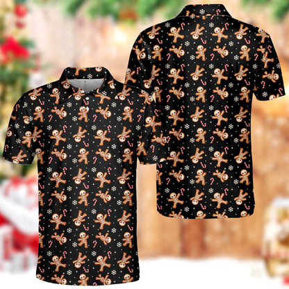 Close-up view of the polo collar and skeleton gingerbread print