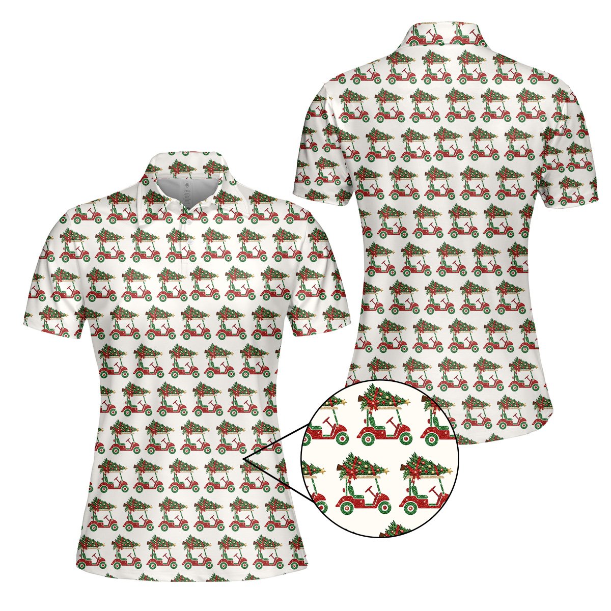 White polo christmas shirt with a red golf cart and Christmas tree pattern, alternate front view 1