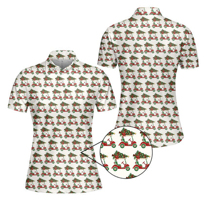 White polo christmas shirt with a red golf cart and Christmas tree pattern, alternate front view 1