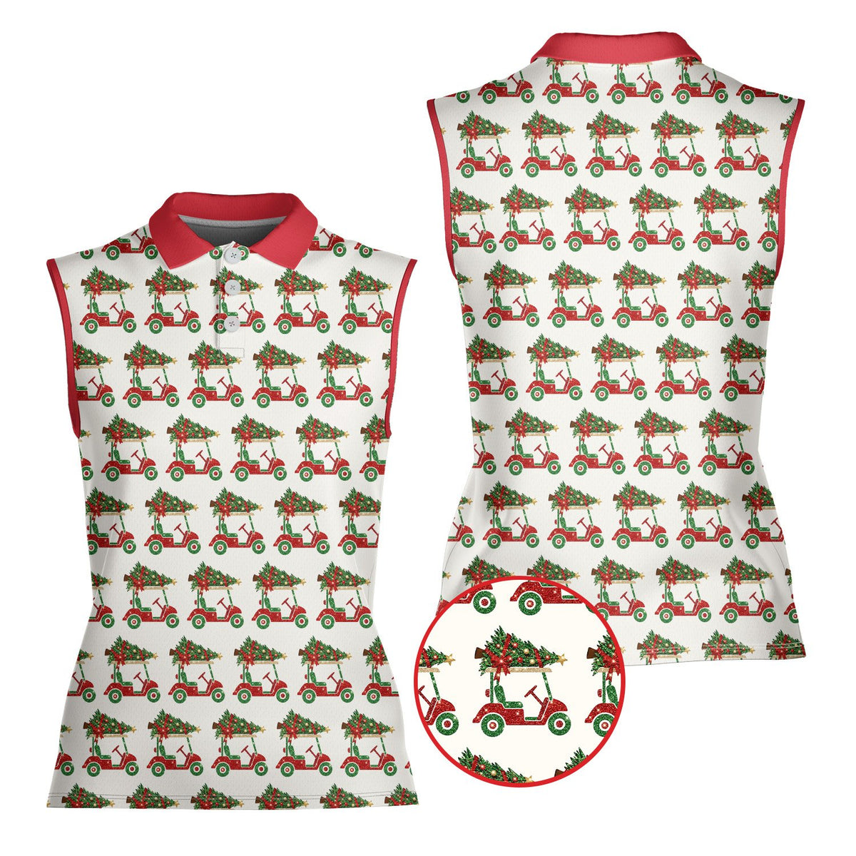 White polo christmas shirt with a red golf cart and Christmas tree pattern, alternate front view 2