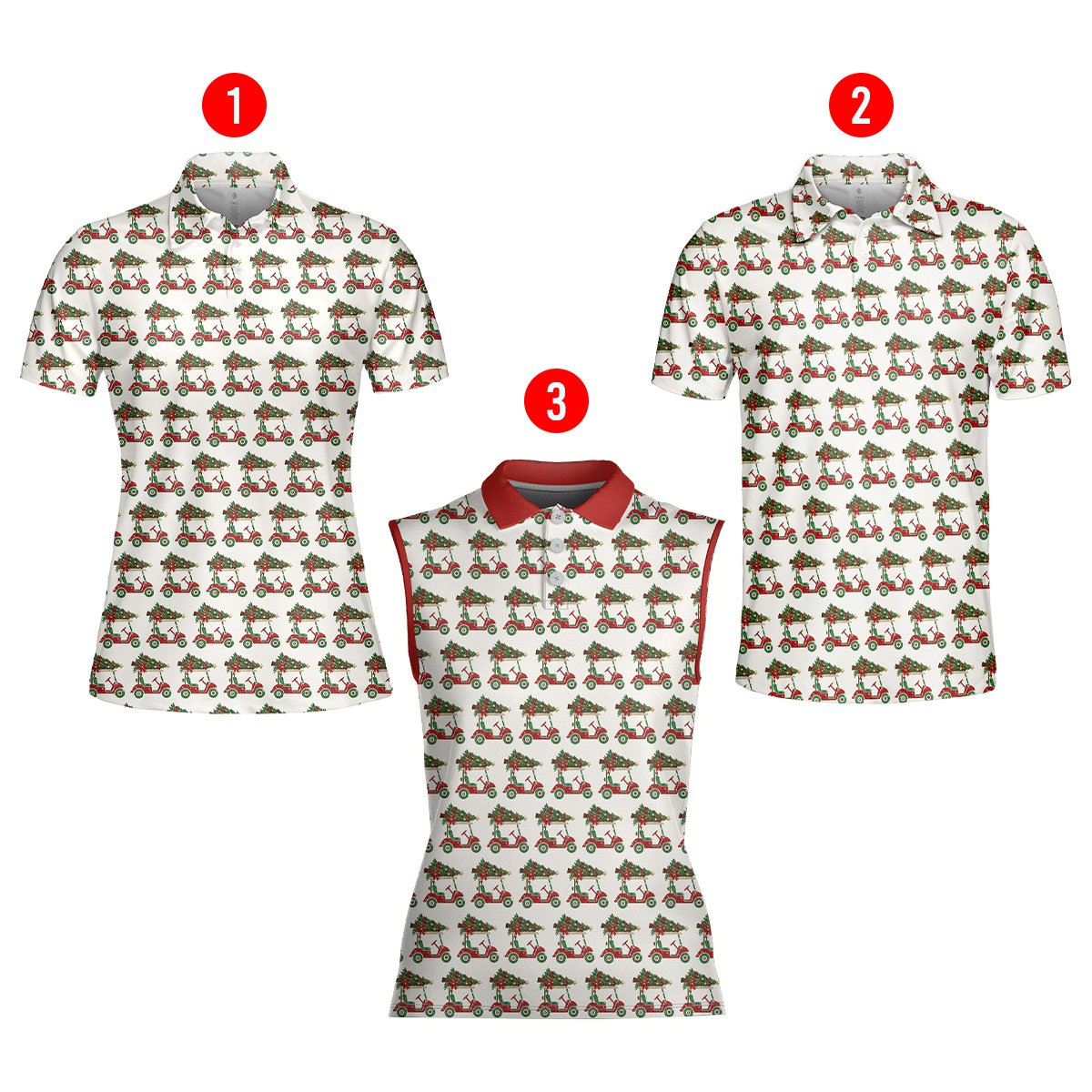 White polo christmas shirt with a red golf cart and Christmas tree pattern, alternate front view 3