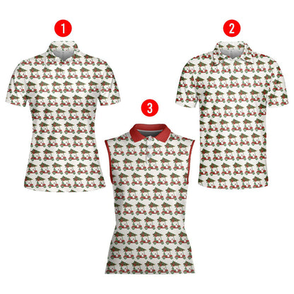 White polo christmas shirt with a red golf cart and Christmas tree pattern, alternate front view 3