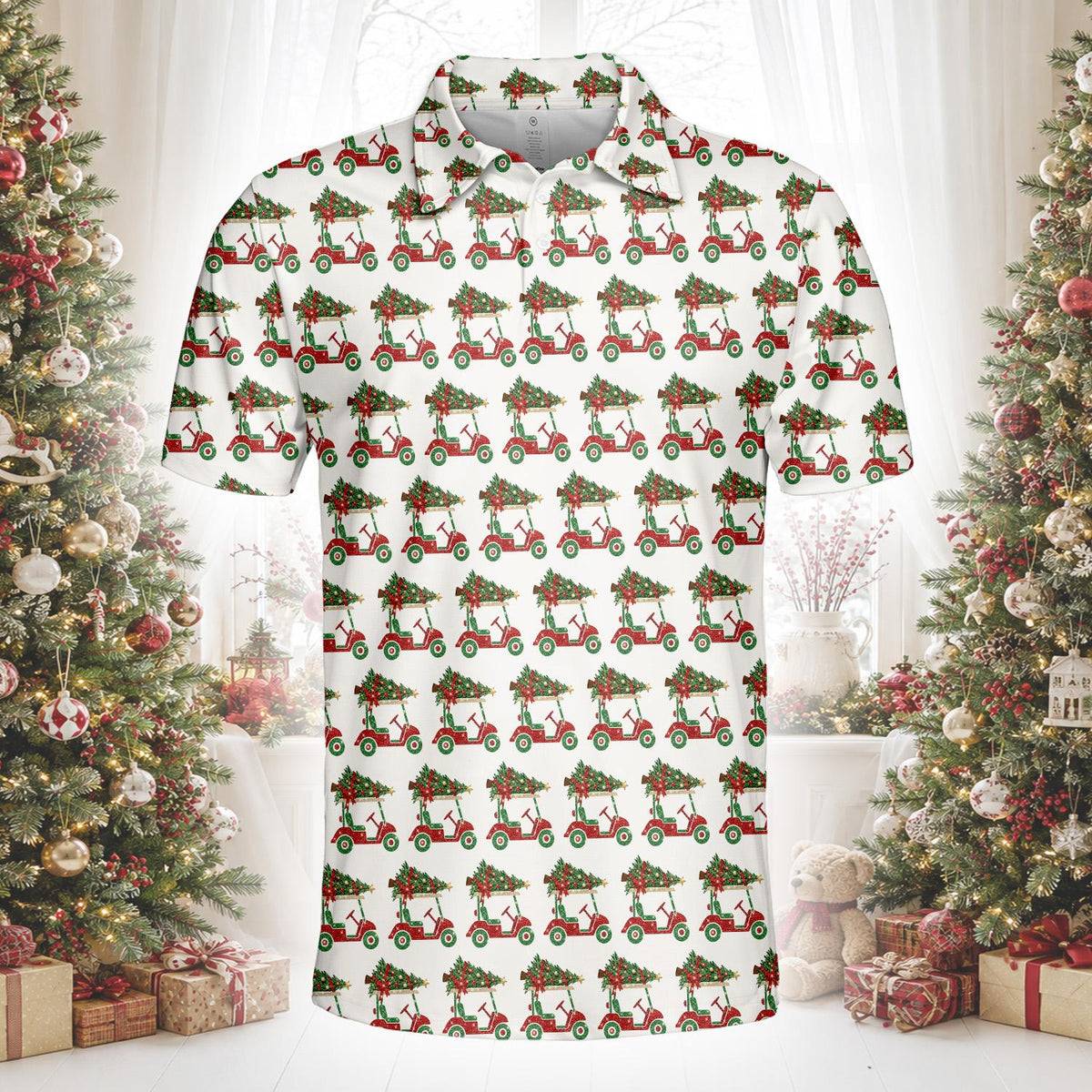 White polo christmas shirt with a red golf cart and Christmas tree pattern, alternate front view 4