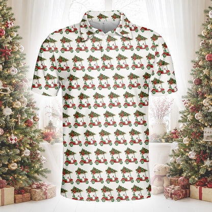 White polo christmas shirt with a red golf cart and Christmas tree pattern, alternate front view 4