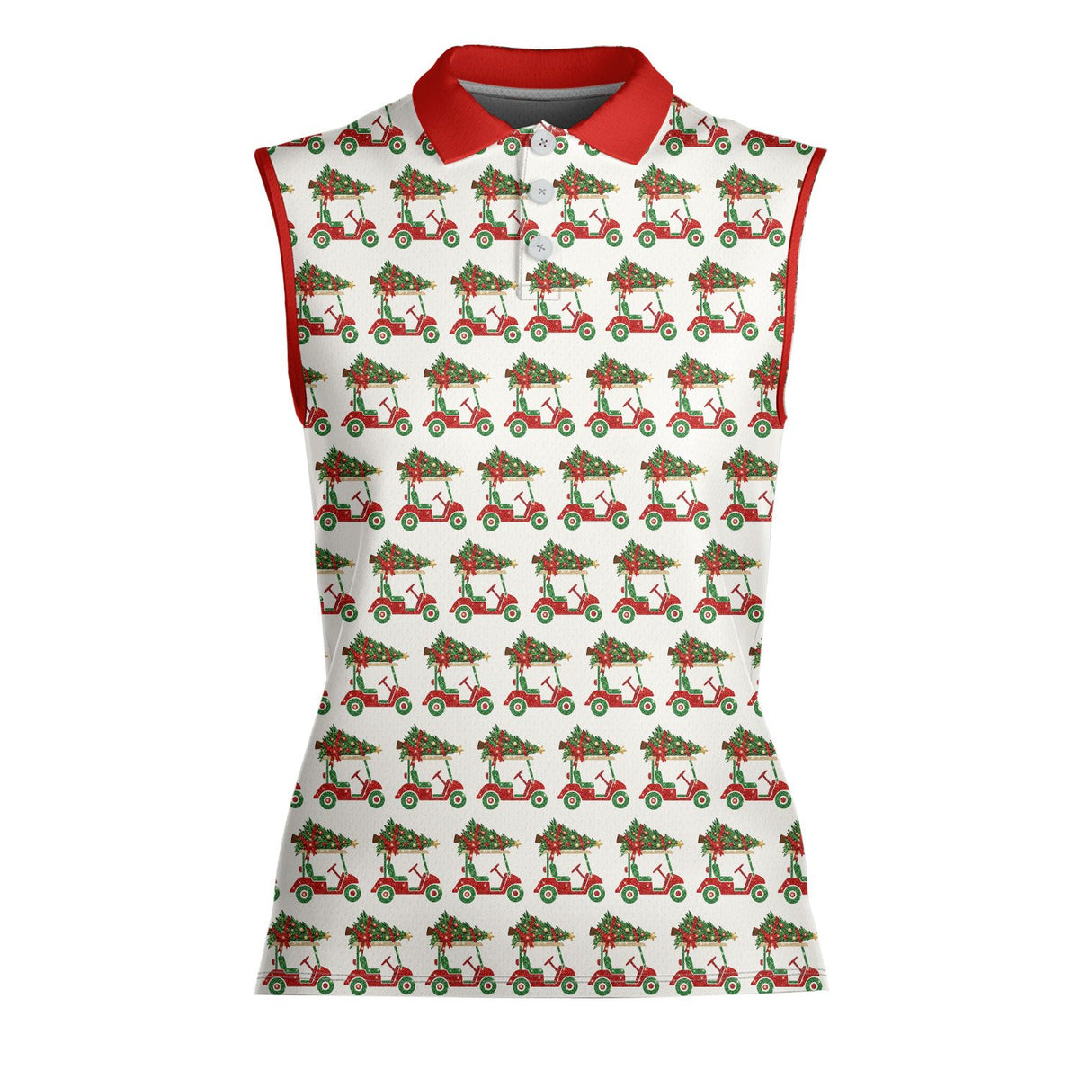 White polo christmas shirt with a red golf cart and Christmas tree pattern, main view