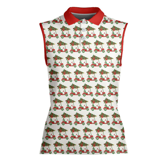 White polo christmas shirt with a red golf cart and Christmas tree pattern, main view