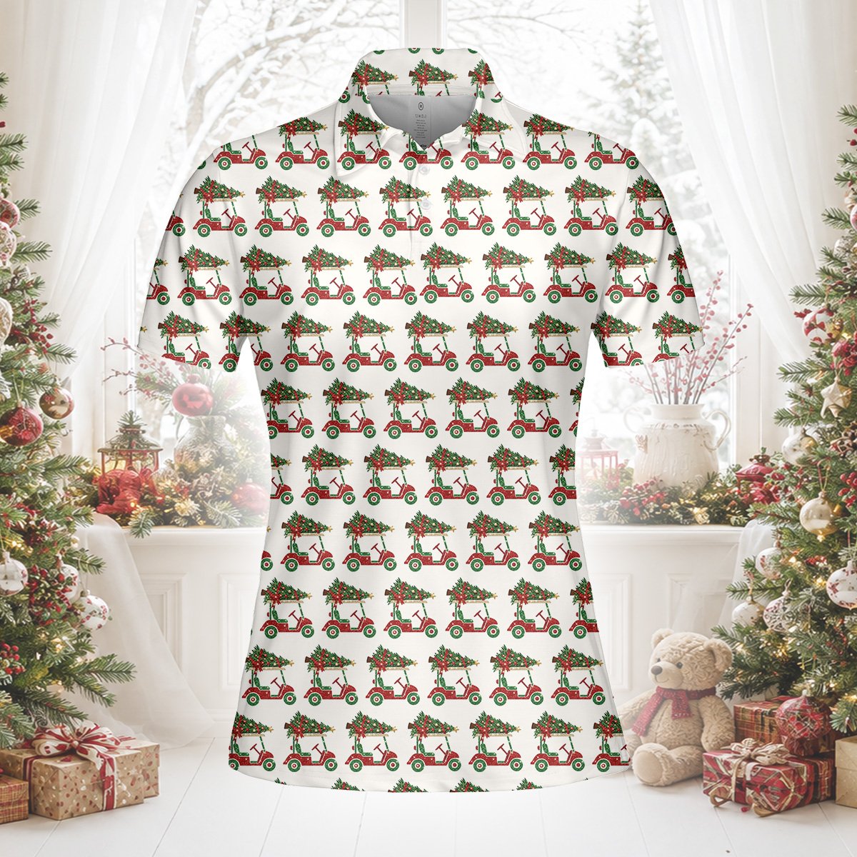 Lifestyle view 2 of someone wearing a white polo christmas shirt with a golf cart design