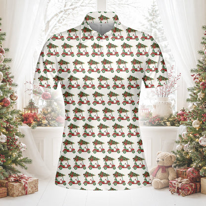 Lifestyle view 2 of someone wearing a white polo christmas shirt with a golf cart design