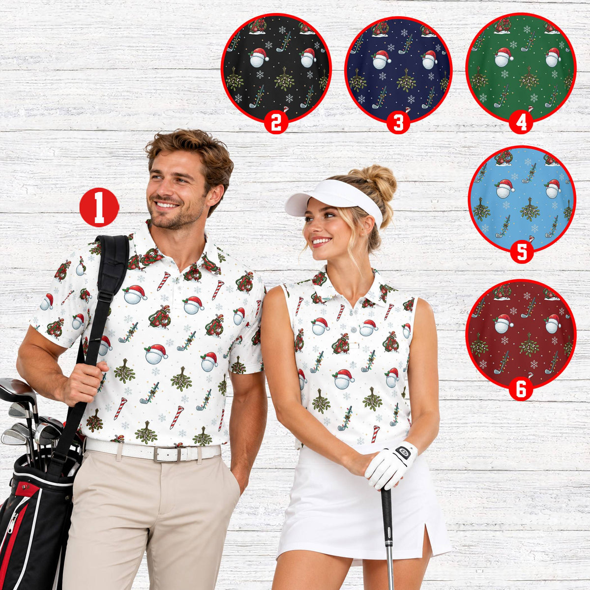 Lifestyle view of a person wearing the white golf holiday polo shirt