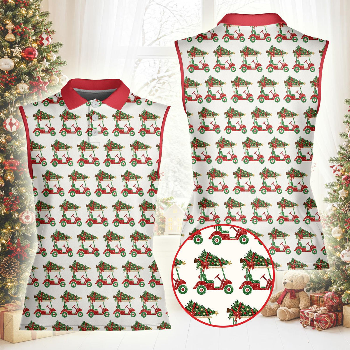 Lifestyle view 3 of someone wearing a white polo christmas shirt with a golf cart design