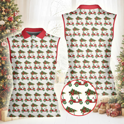 Lifestyle view 3 of someone wearing a white polo christmas shirt with a golf cart design