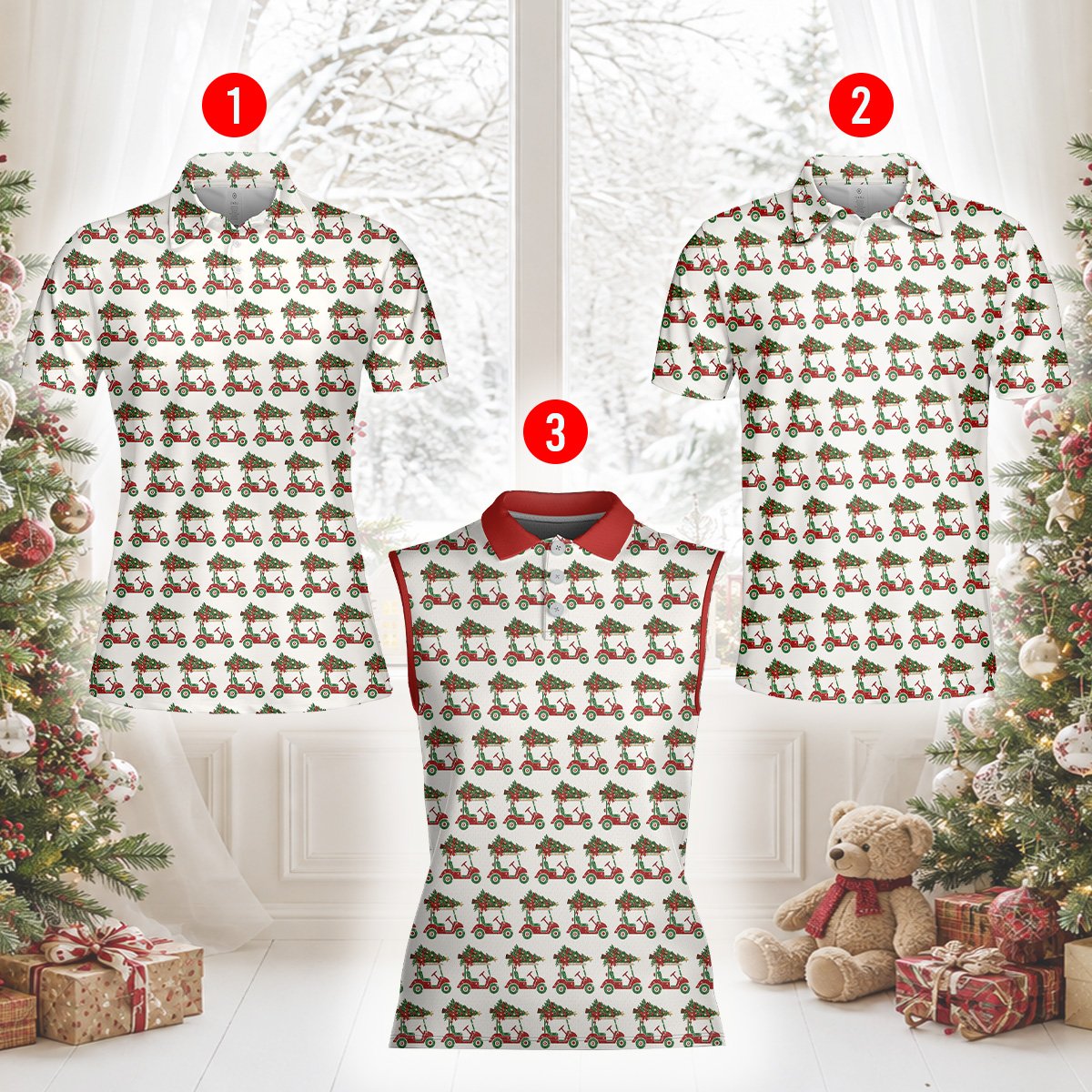 Lifestyle view of someone wearing a white polo christmas shirt with a golf cart design
