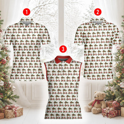 Lifestyle view of someone wearing a white polo christmas shirt with a golf cart design