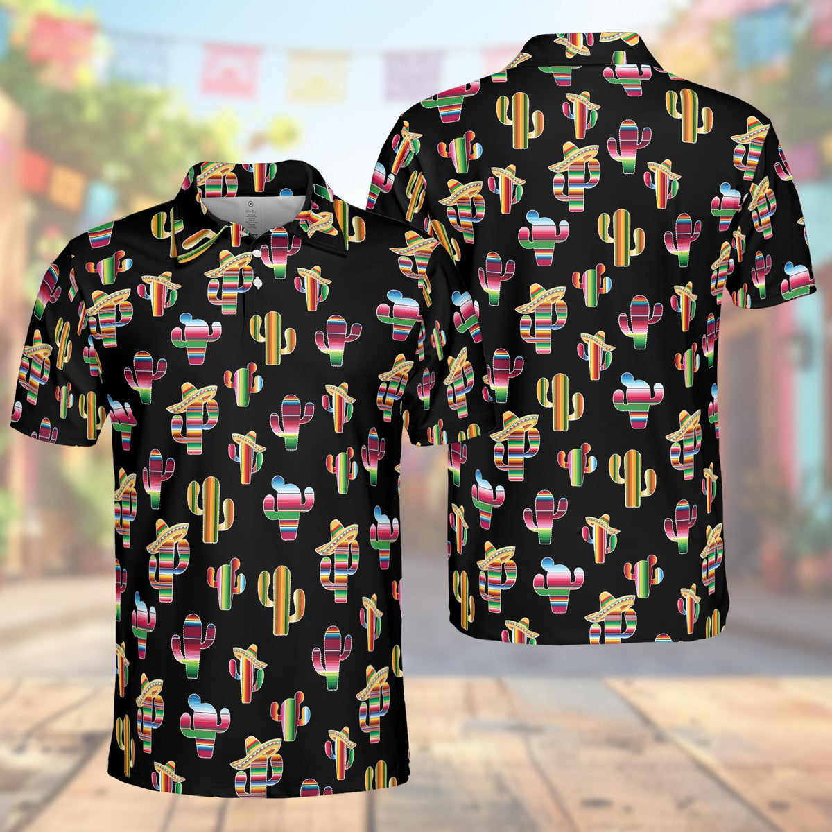 Cinco de mayo polo shirt in black featuring colorful serape cacti and sombreros, front view