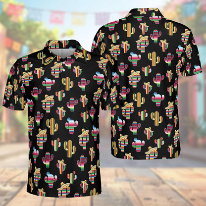 Cinco de mayo polo shirt in black featuring colorful serape cacti and sombreros, front view
