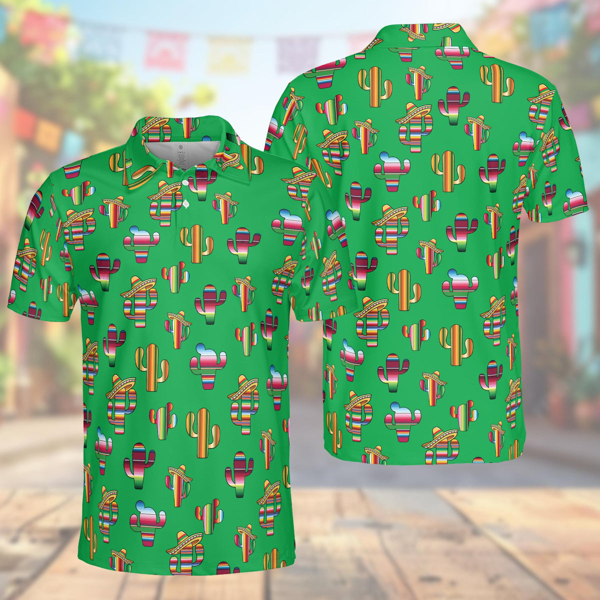 Cinco de mayo polo shirt in green featuring colorful serape cacti and sombreros, front view