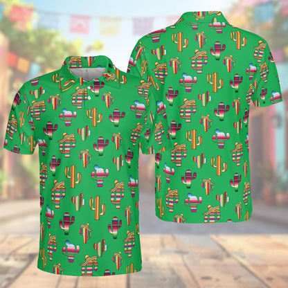 Cinco de mayo polo shirt in green featuring colorful serape cacti and sombreros, front view