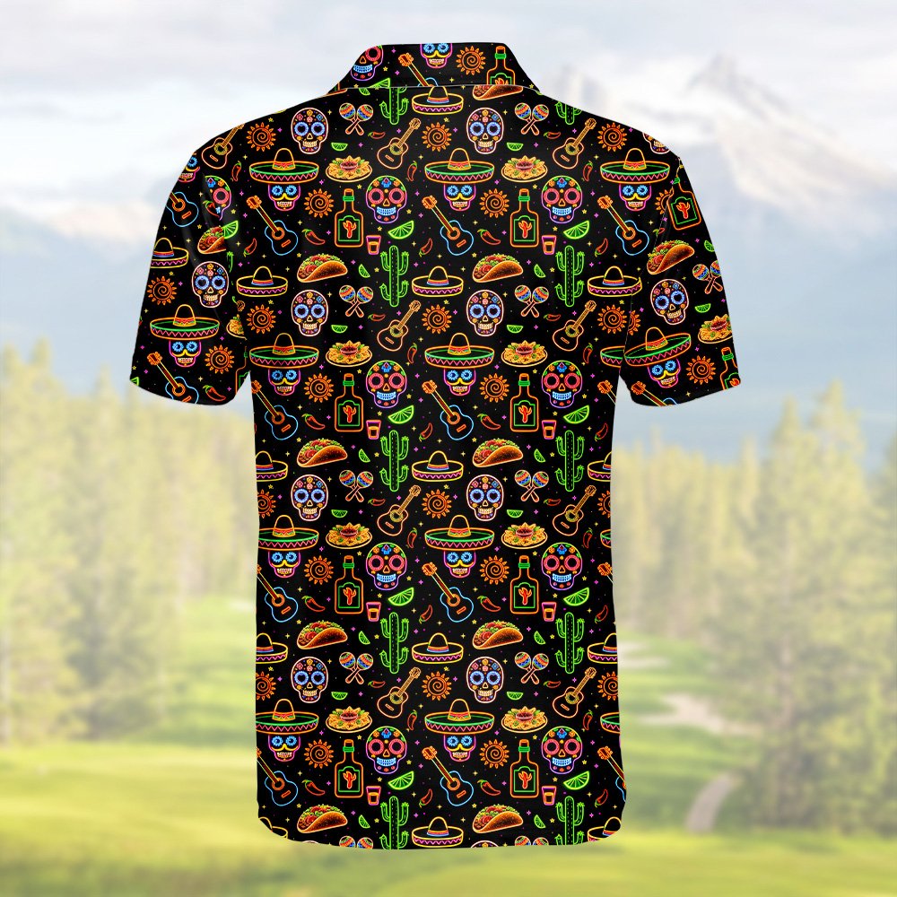 Back view of black polo shirt with neon Mexican icons pattern alternative