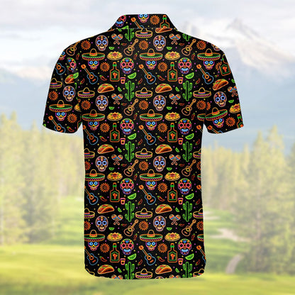 Back view of black polo shirt with neon Mexican icons pattern alternative