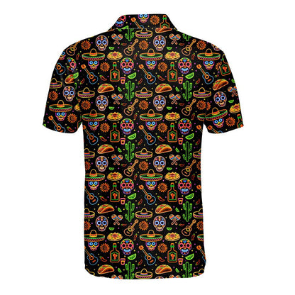 Back view of black polo shirt with neon Mexican icons pattern