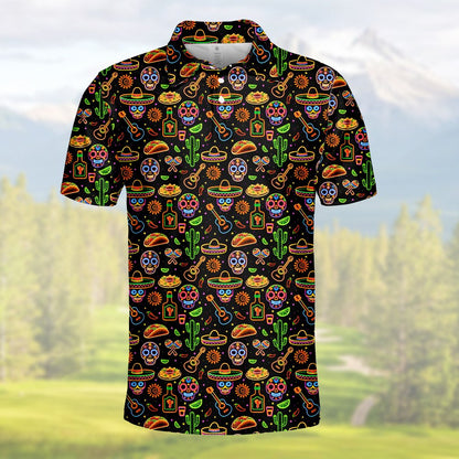 Neon Mexican icons pattern polo shirt, main view