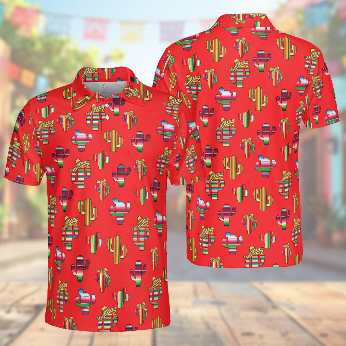 Cinco de mayo polo shirt in red featuring colorful serape cacti and sombreros, front view