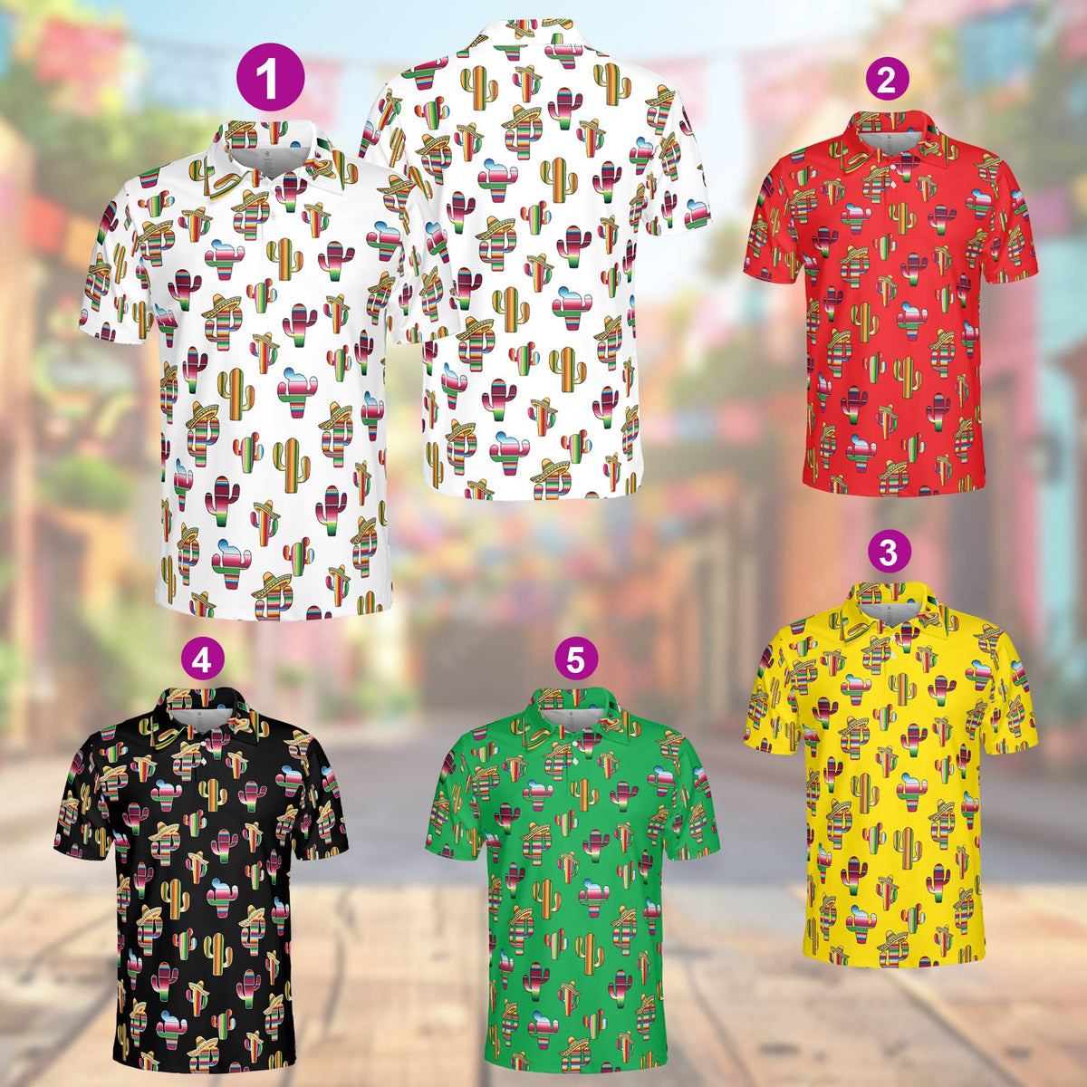 Detail view of the colorful serape cactus and sombrero pattern on the polo shirt