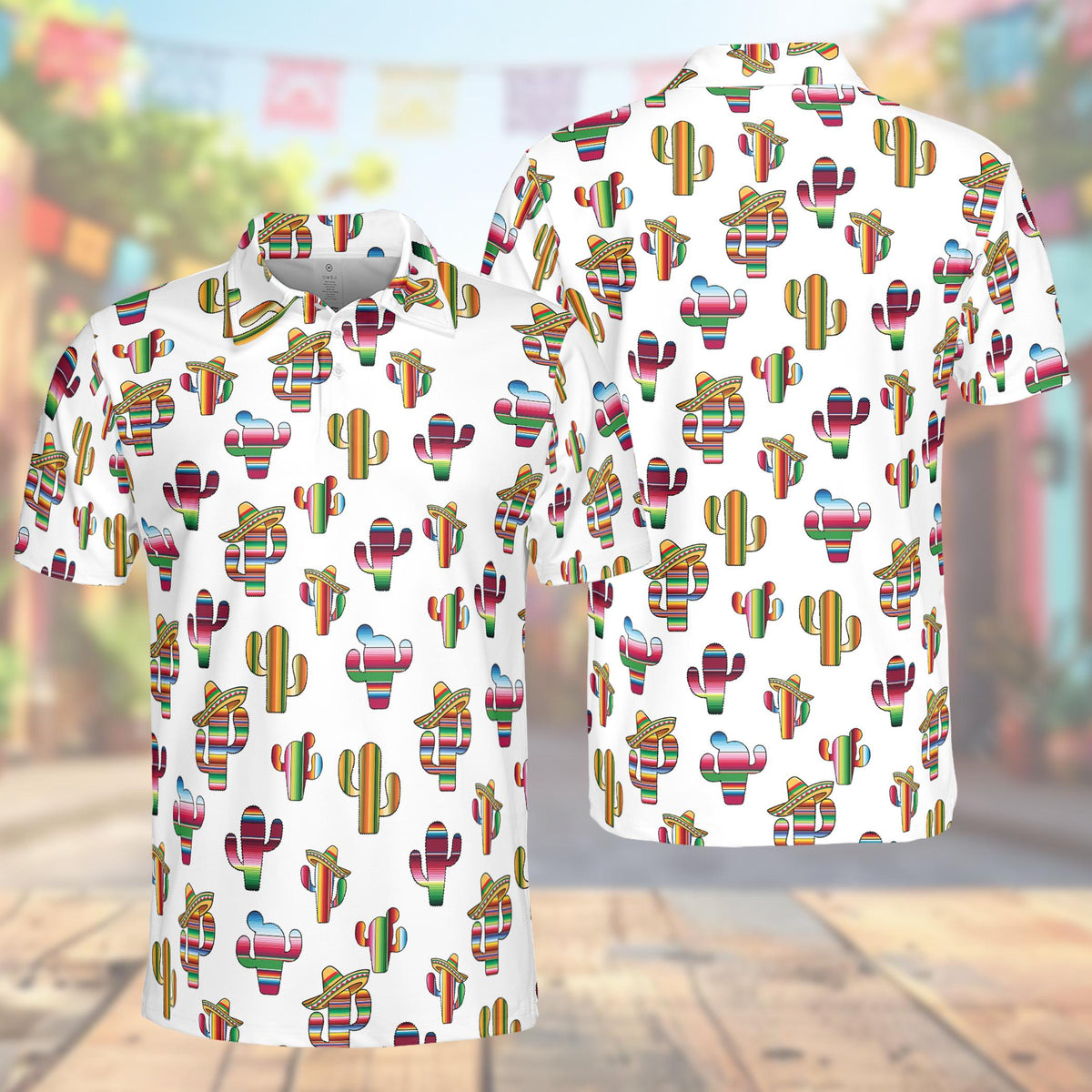 Cinco de mayo polo shirt in white featuring colorful serape cacti and sombreros, front view