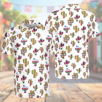 Cinco de mayo polo shirt in white featuring colorful serape cacti and sombreros, front view