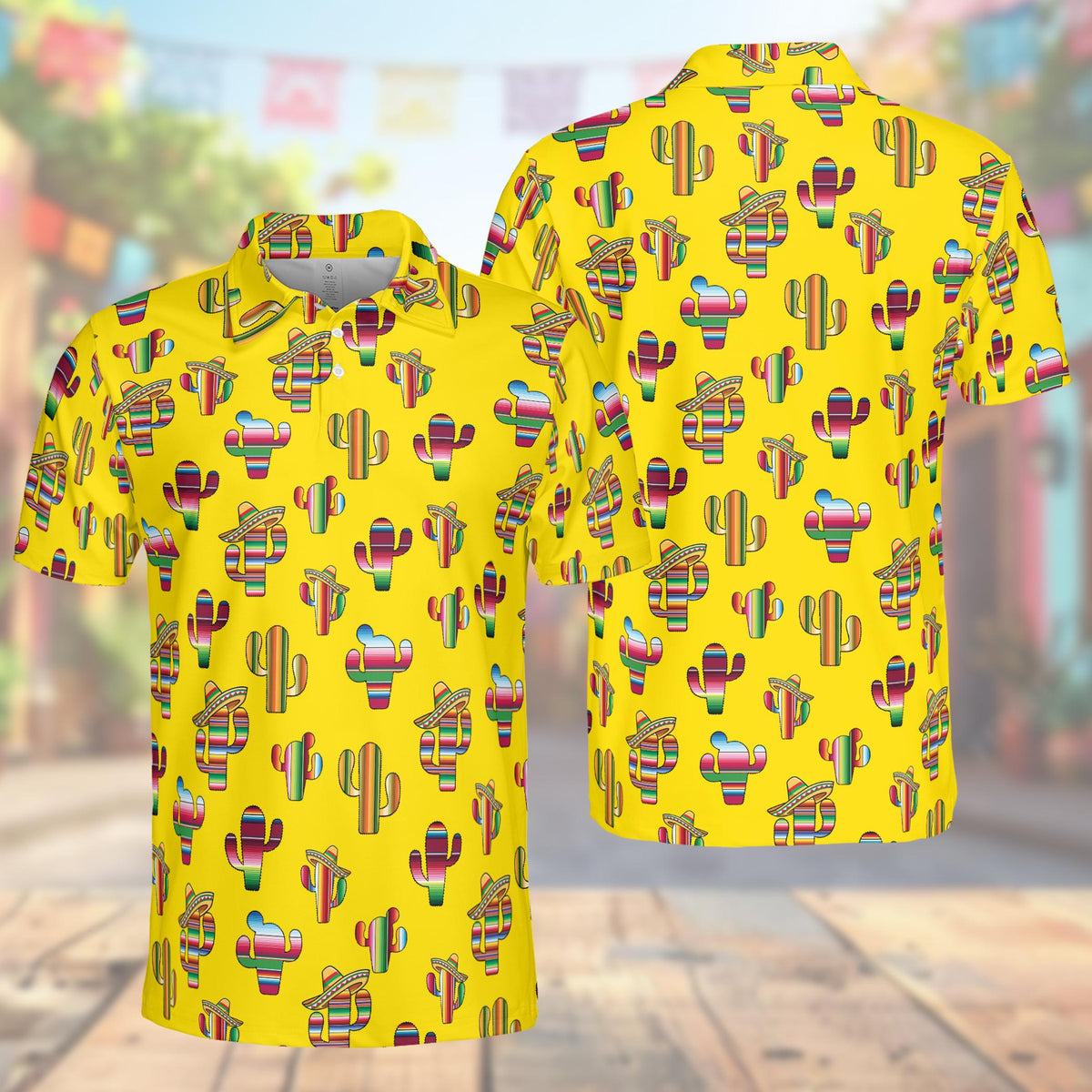 Cinco de mayo polo shirt in yellow featuring colorful serape cacti and sombreros, front view