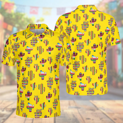 Cinco de mayo polo shirt in yellow featuring colorful serape cacti and sombreros, front view