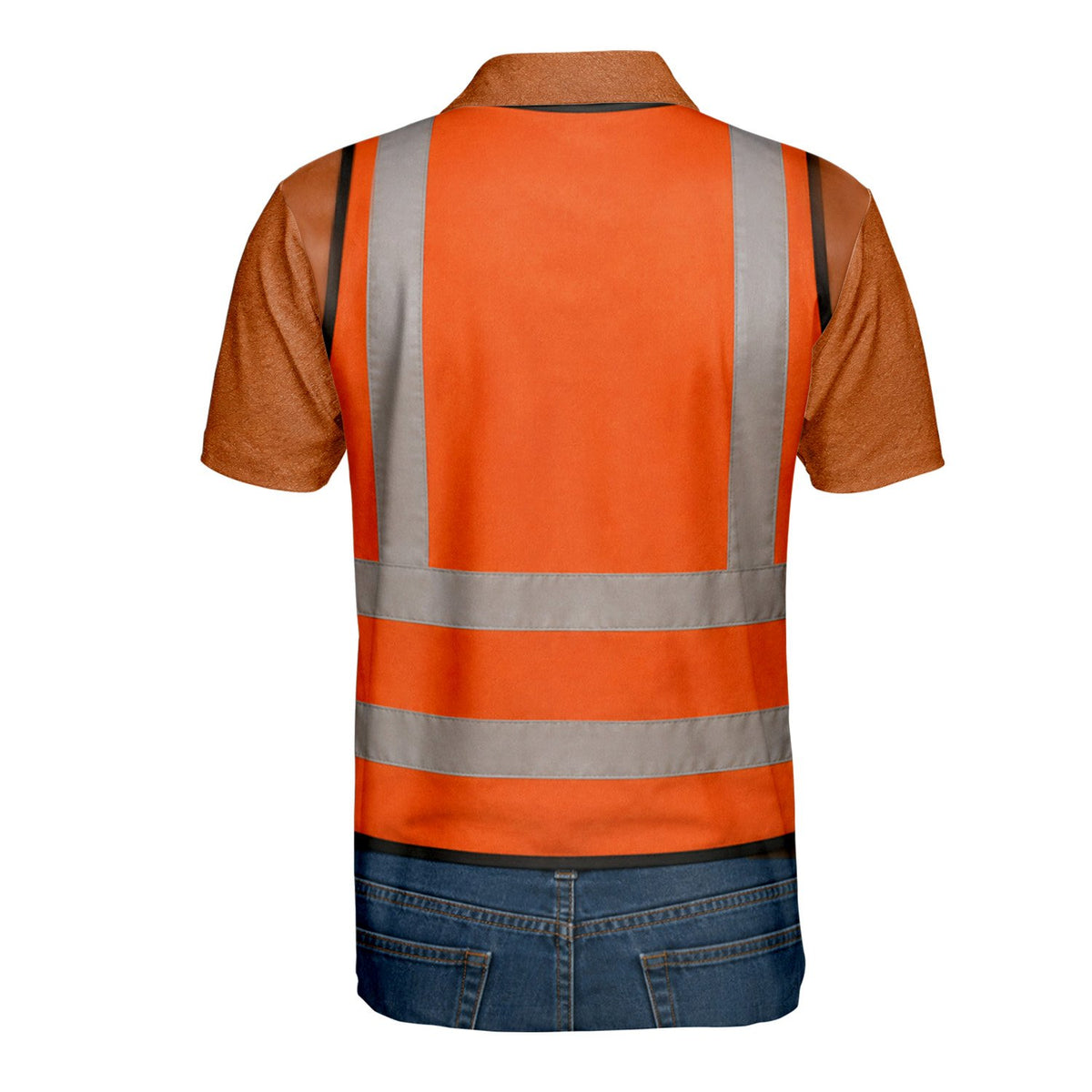 Back angle view of the printed vest and tool belt polo