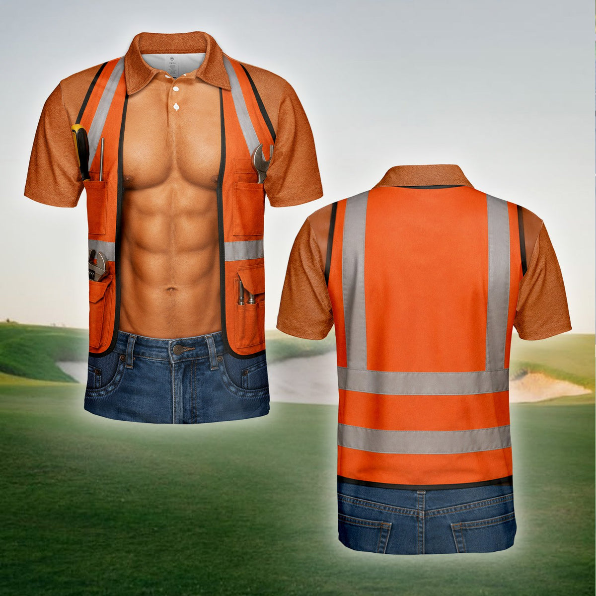 Front angle view of the novelty construction worker polo shirt