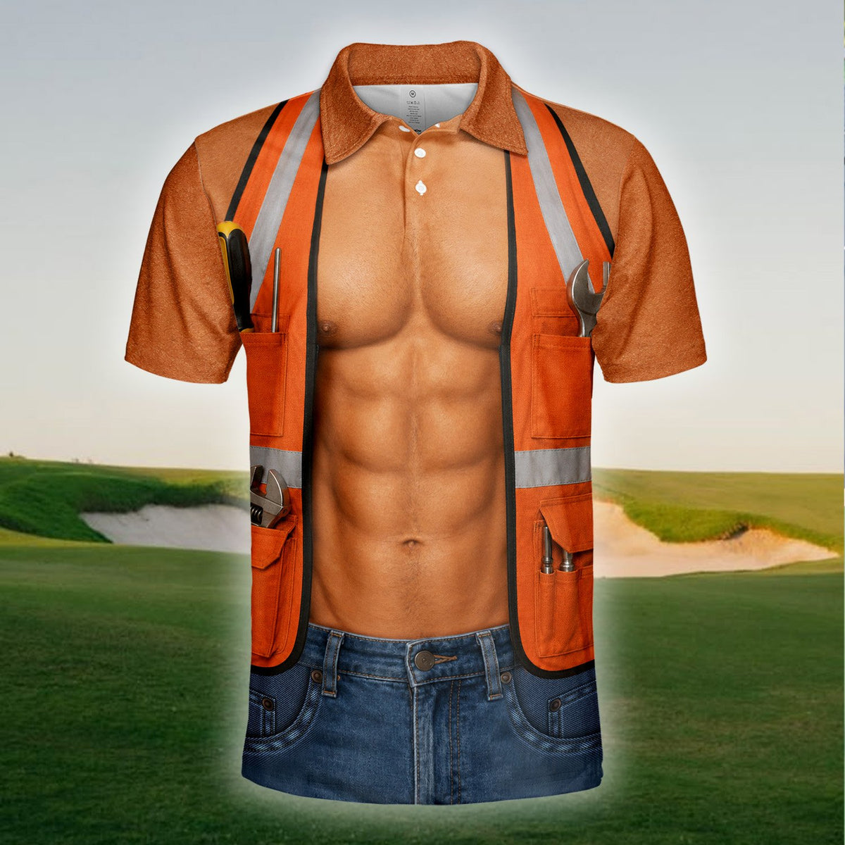 Close-up front view of the high-visibility vest printed polo