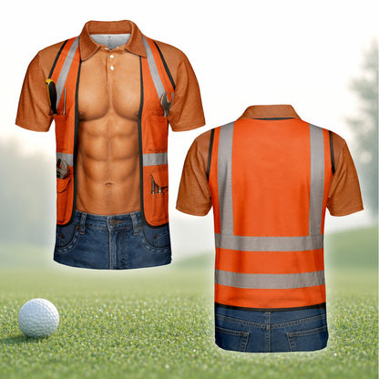 Front view of the muscular torso construction vest polo shirt