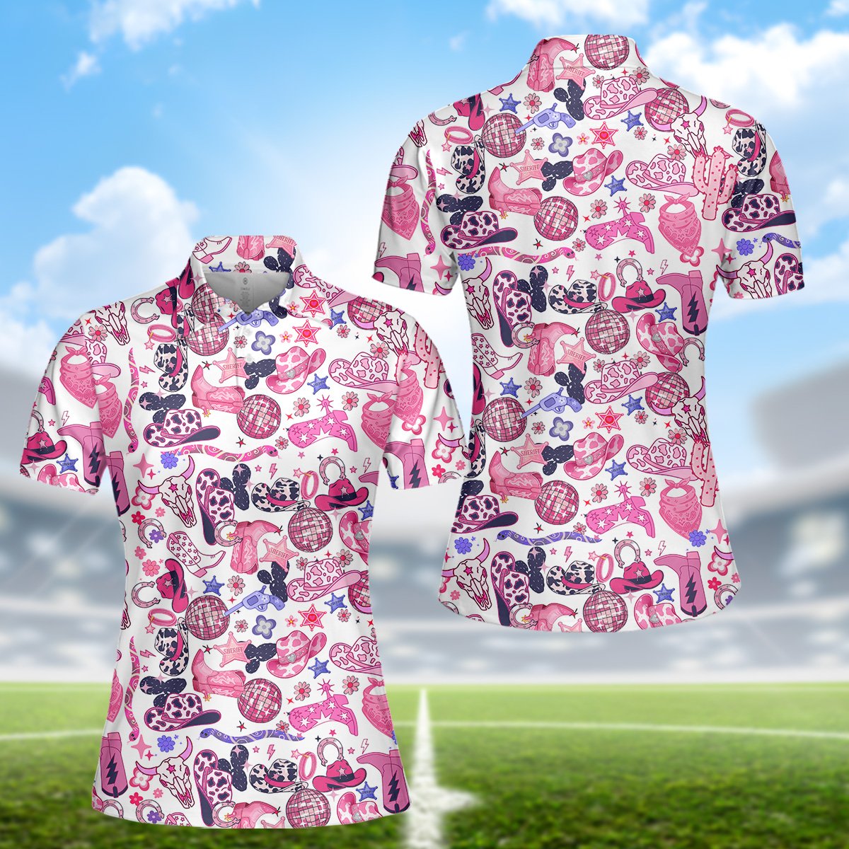 Country disco polo shirt featuring pink and purple cowboy hats and disco balls on a white background, back view 2