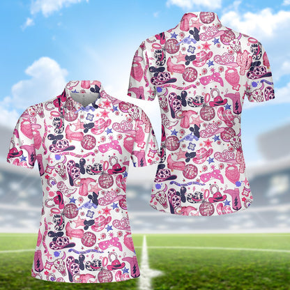 Country disco polo shirt featuring pink and purple cowboy hats and disco balls on a white background, back view 2