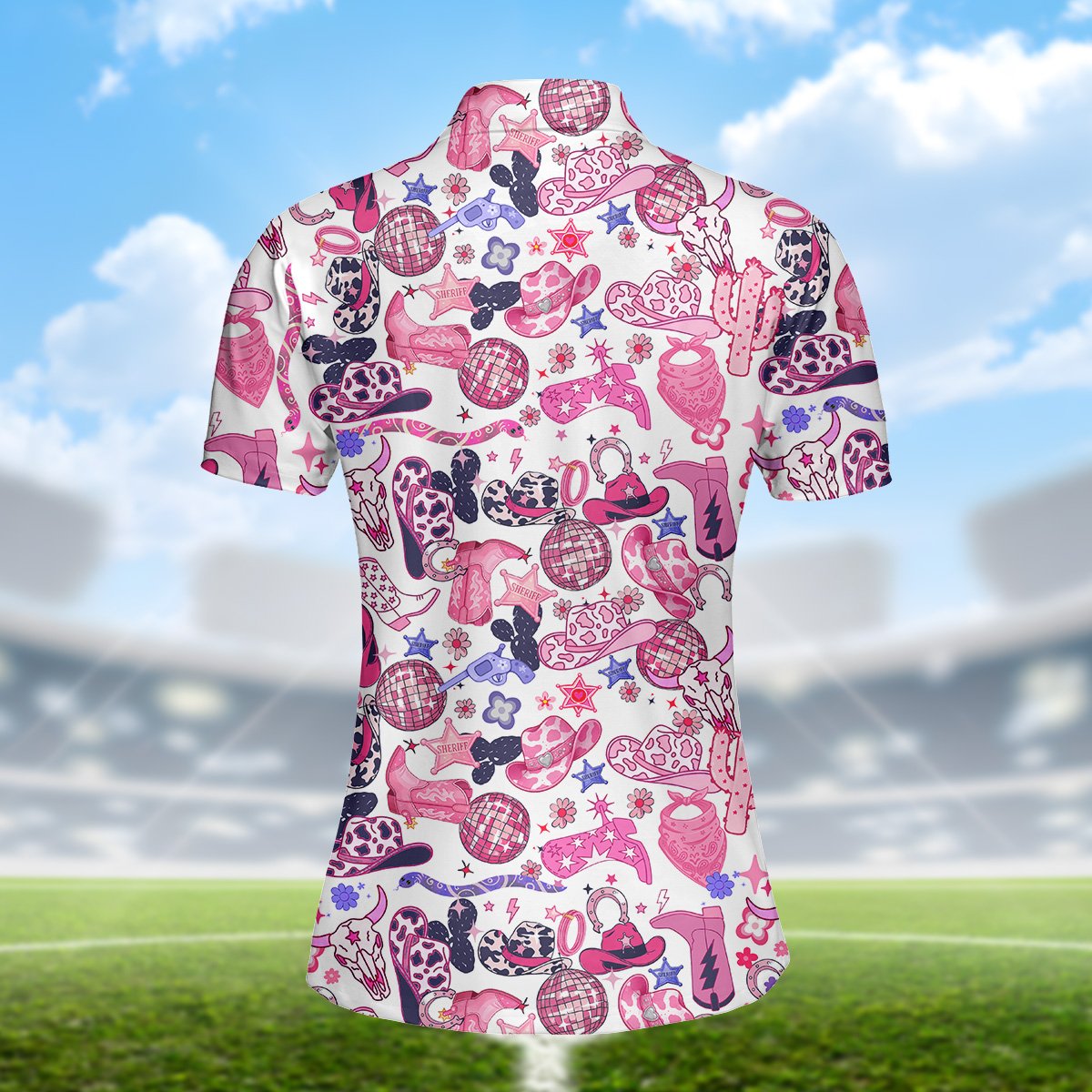 Country disco polo shirt featuring pink and purple cowboy hats and disco balls on a white background, back view 3