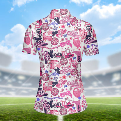 Country disco polo shirt featuring pink and purple cowboy hats and disco balls on a white background, back view 3