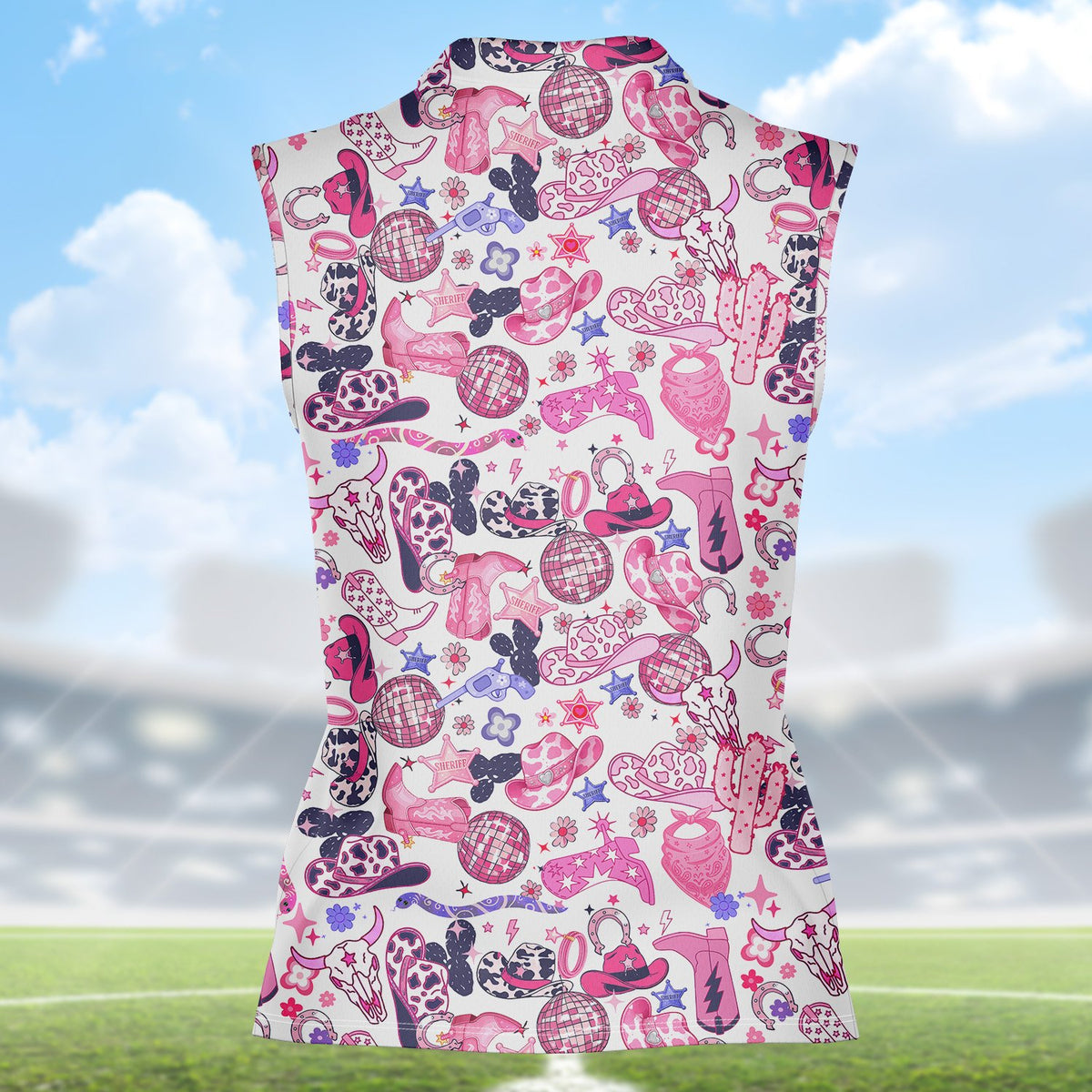 Country disco polo shirt featuring pink and purple cowboy hats and disco balls on a white background, back view