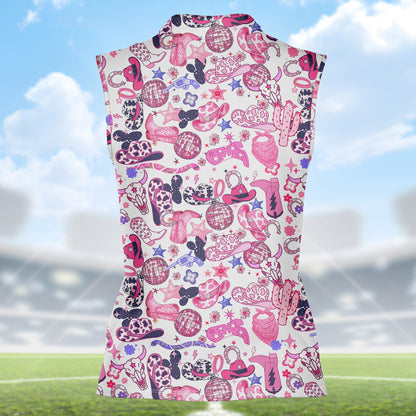 Country disco polo shirt featuring pink and purple cowboy hats and disco balls on a white background, back view