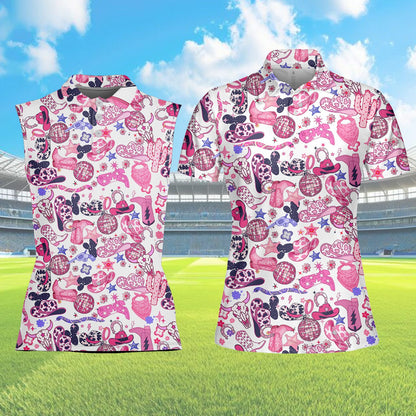 Country disco polo shirt featuring pink and purple cowboy hats and disco balls on a white background, front view 2